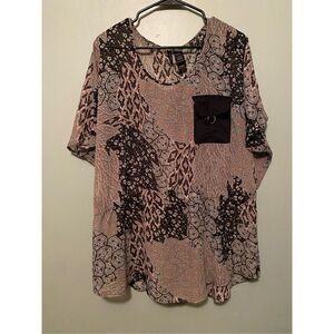 Bisou Bisou Abstract Short Sleeve Fitted Waist Pocket Blouse Size XL